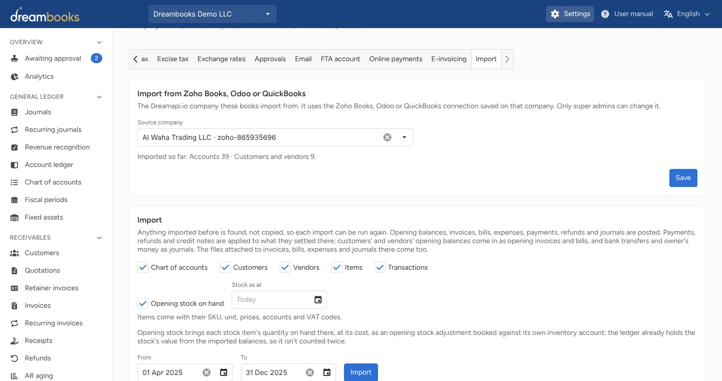 Import from Zoho, QuickBooks or Odoo